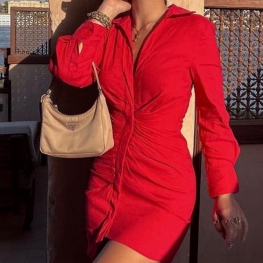 Zara Red Rouched Shirt Dress